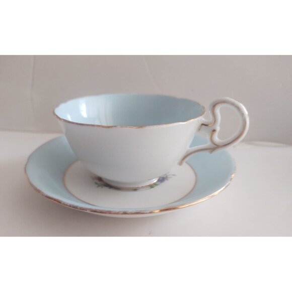 Vintage Grafton England Wide Mouth Tea Cup & Saucer set Blue & Floral 1950's - Picture 5 of 14